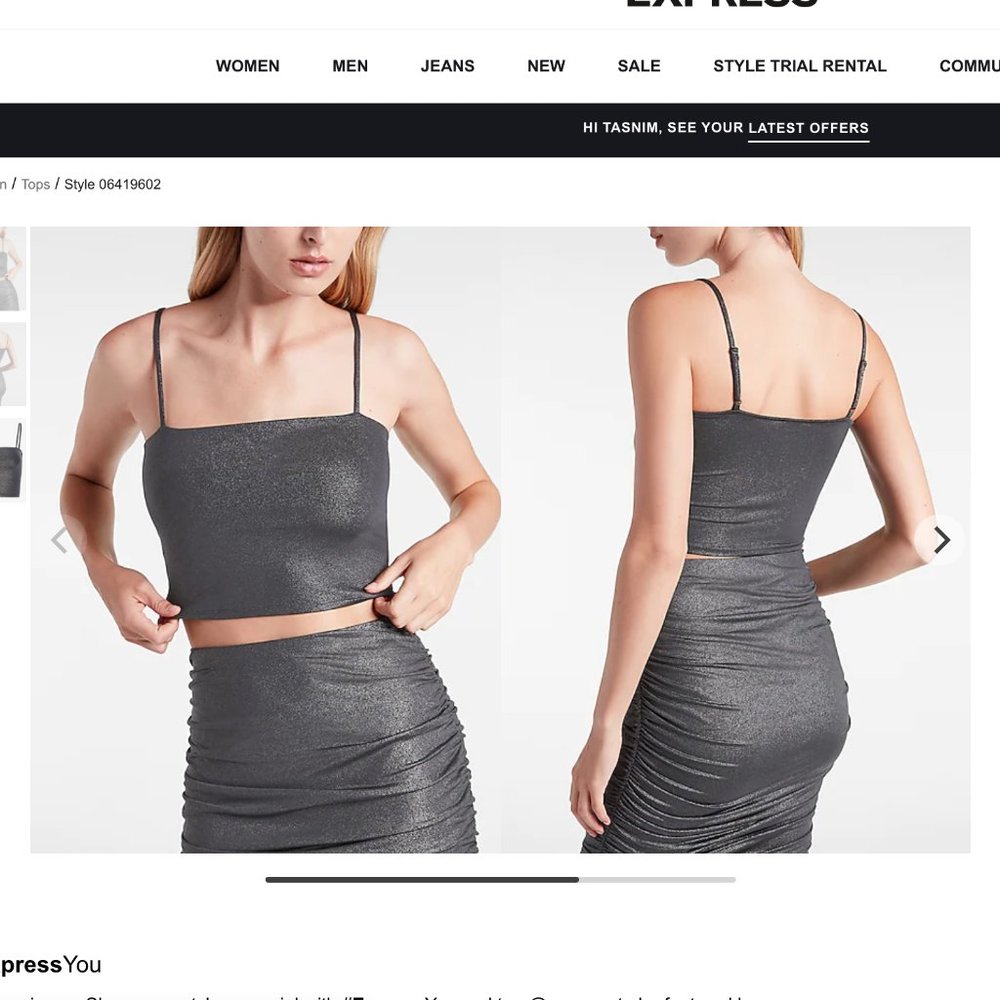 New Express Double Layer Silky Jersey Shine Cropped Cami Metallic Gunmetal S M